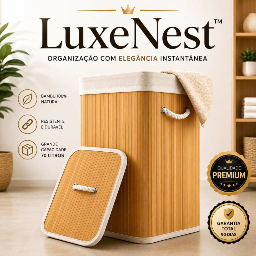 🔥 Cesto Organizador 70L Bambu Com Tampa E Forro Roupa Banheiro