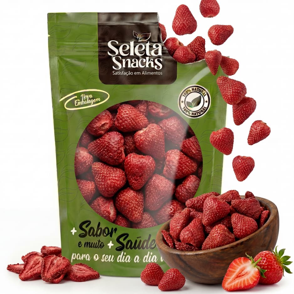 Morango Chips Liofilizado Crocante Snack Saudável Premium 100% Natural
