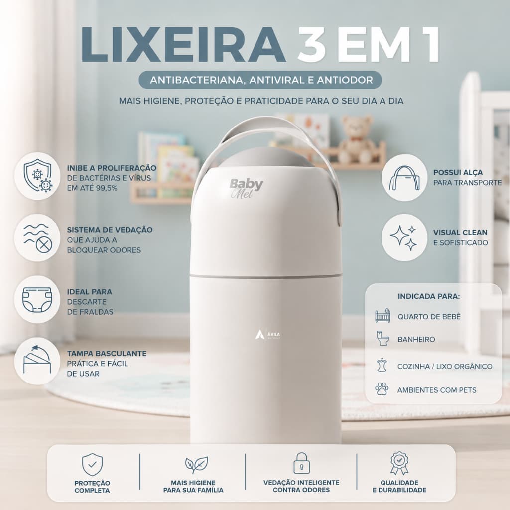 Lixeira Antiodor 10 Litros Para Quarto Bebê Enxoval Banheiro Pet Cozinha Consultório Higiênica Fraldas Baby Mel 3 em 1