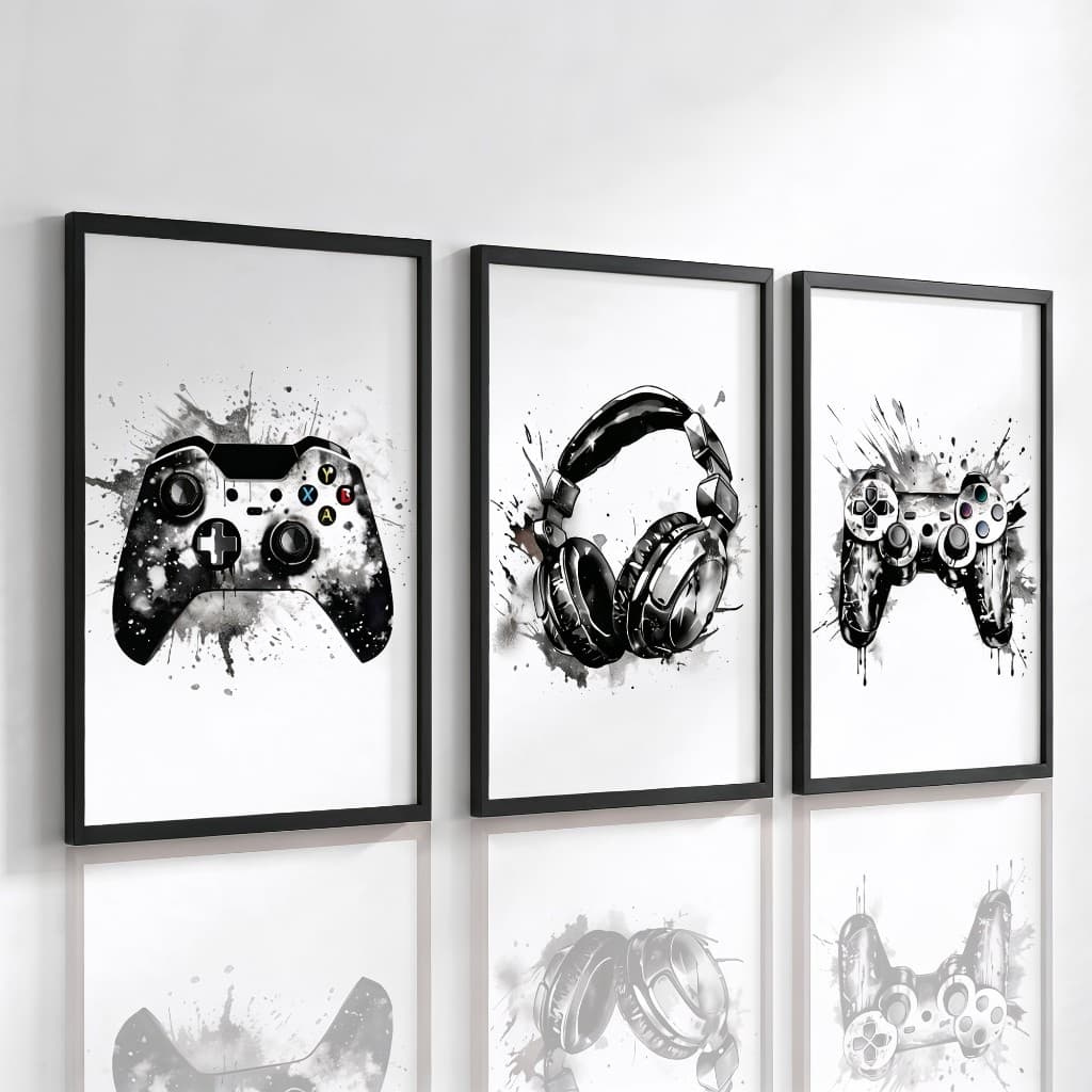Quadro Decorativos 3 peças Vídeo Game Controle Preto e Branco