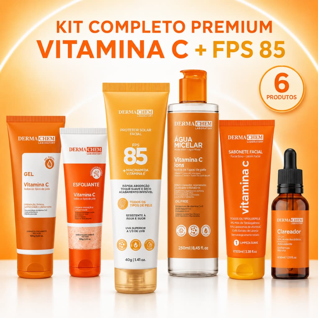 Kit Completo Premium Vitamina C Dermachem Água Micelar Sabonete Esfoliante Gel Sérum + Protetor FPS 85