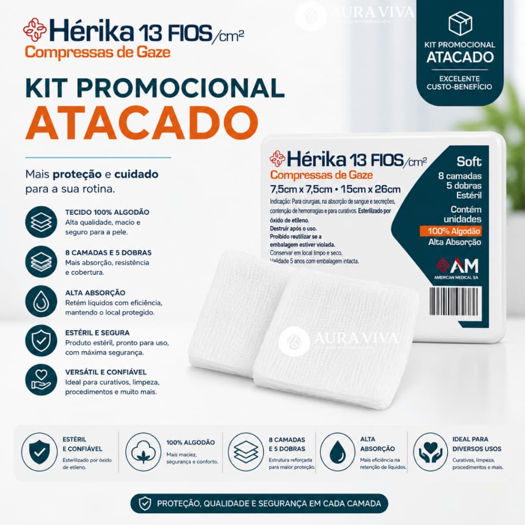 Compressa de Gaze Estéril 13 Fios Herika Kit diversas quantidades Alta Absorção Hospitalar Promo Atacado