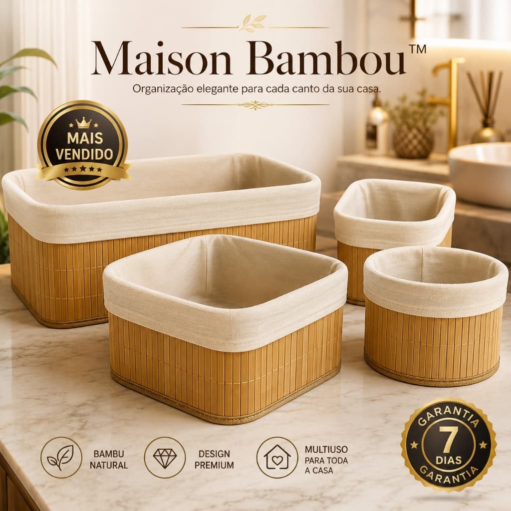 Kit 4 Cestos Organizadores Multiuso em Bambu Natural para Banheiro Cozinha Quarto Sala