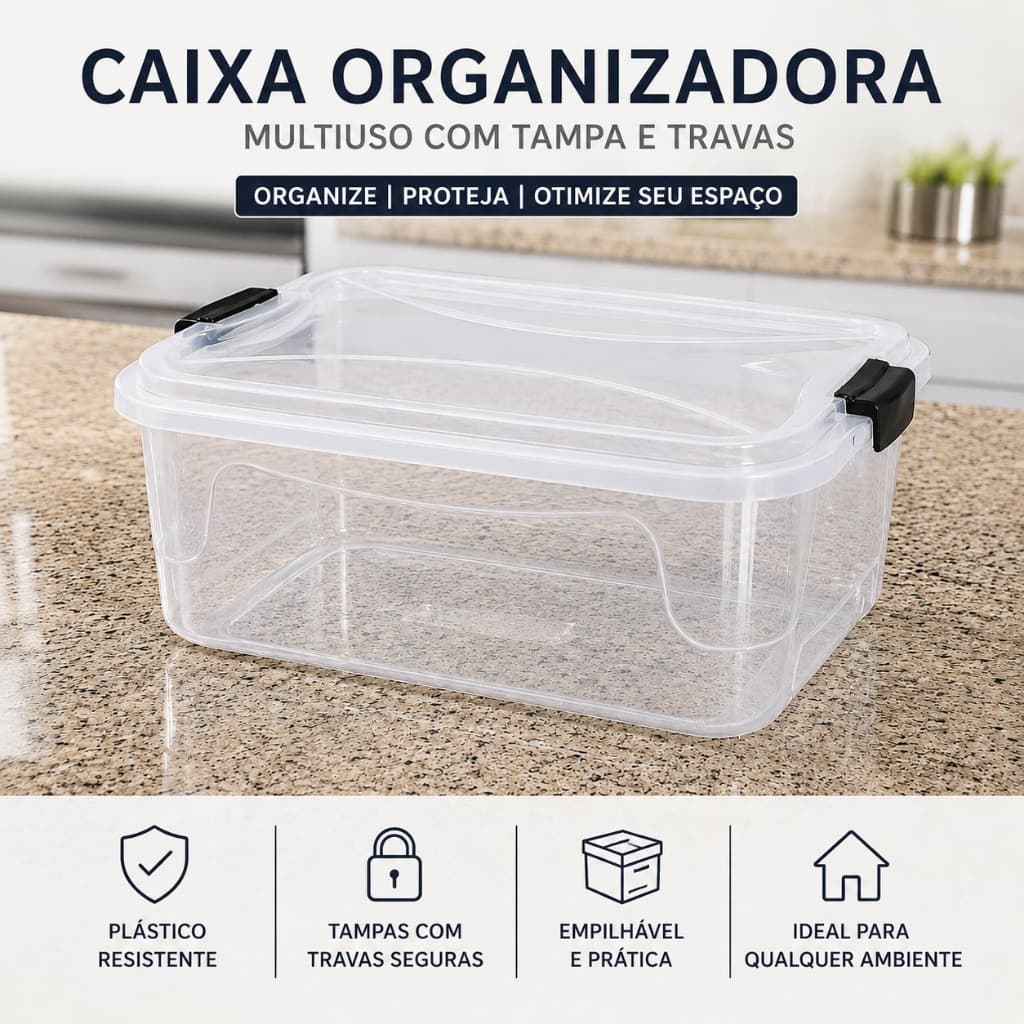 Kit 2 Organizadoras, Bandejas Plásticas Retangular 9L com Tampa e trava  Multi Uso Frigorifera Organizadora Branca