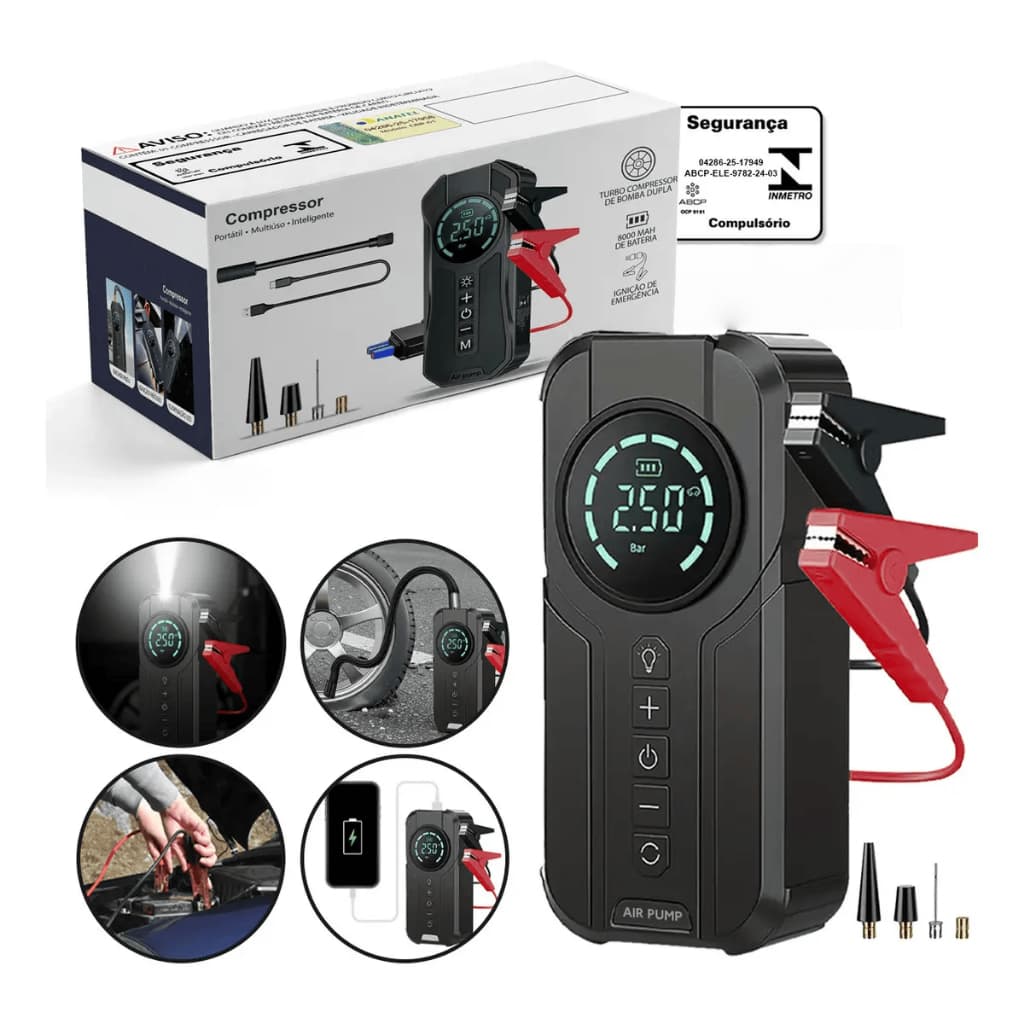 Auxiliar de Partida Carregador Bateria Com Compressor de Ar Emergência Portátil Veicular Automotivo FLUX