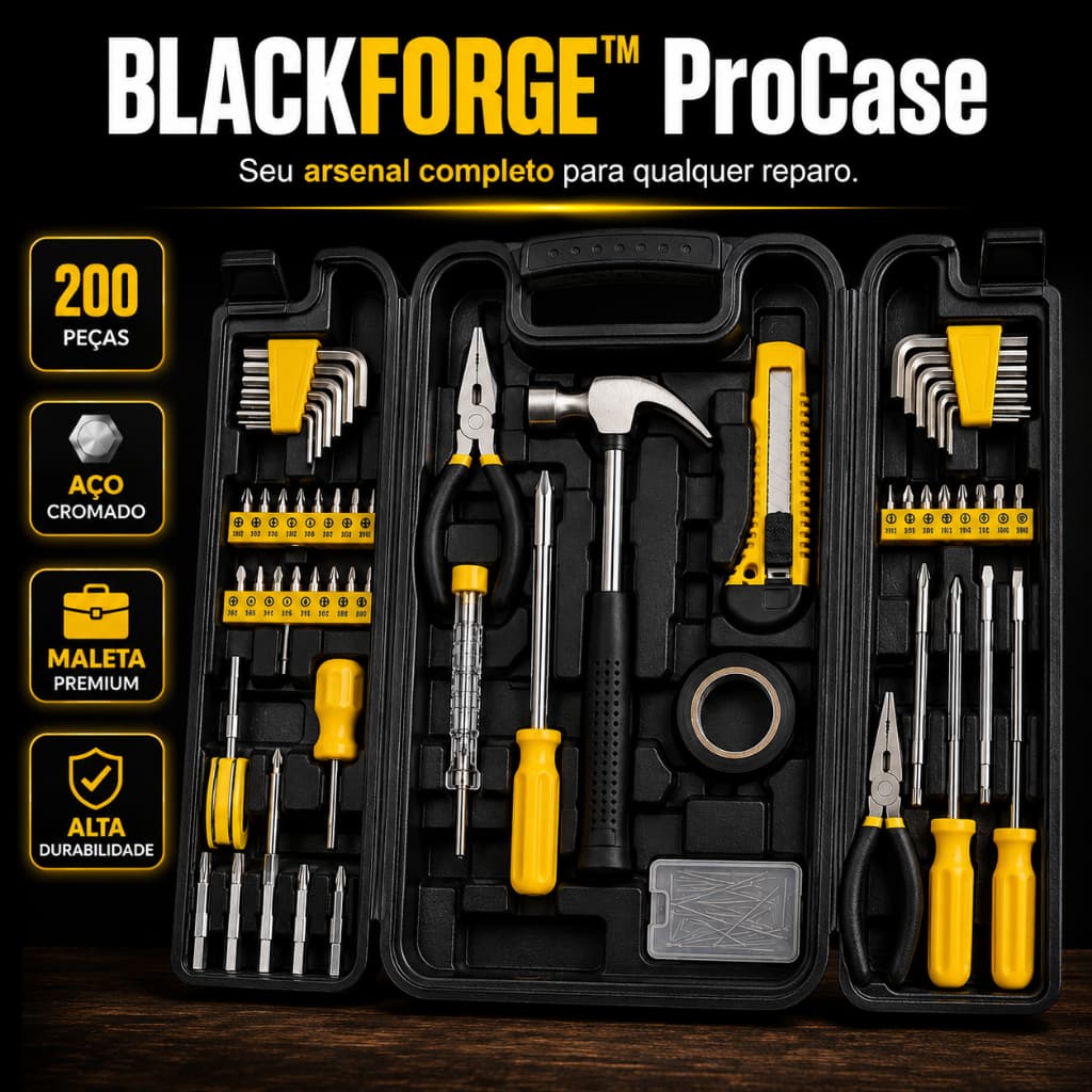 Kit Ferramentas Completo BLACKFORGE™ ProCase 200 Peças Maleta Profissional Resistente Aço Cromado