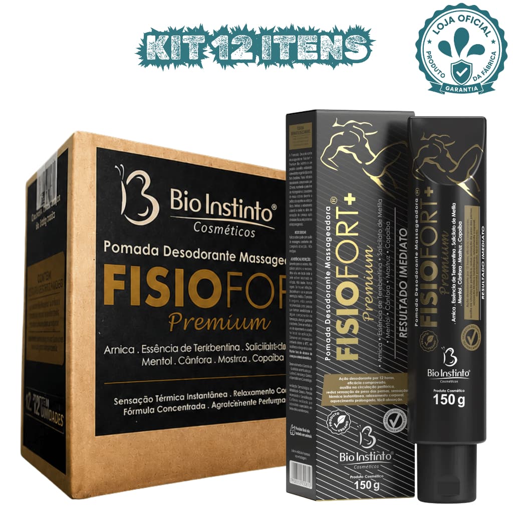 Kit 12 Pomada Fisiofort Premium 150G Massageadora Alívio Dores Musculares e Articulares Bio Instinto