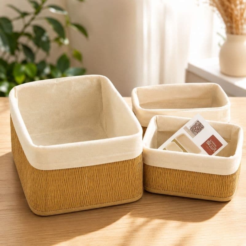 kit 3 cestos organizadores de  bambu multiuso com forro  anti mofo  para cozinha banheiro quarto