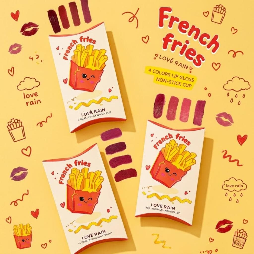 Kit Batom Líquido Batata Frita Lové Rain 4 Cores Matte Non-Stick Cup Maquiagem Fofa Kawaii