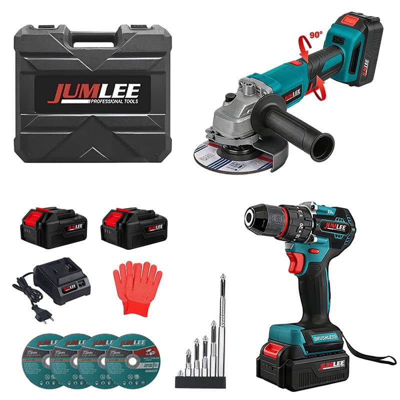 Kit Ferramentas Sem Fio 2 em 1 JUMLEE 48V - Furadeira de Impacto 13mm + Esmerilhadeira Angular 115mm, Completo com Bater