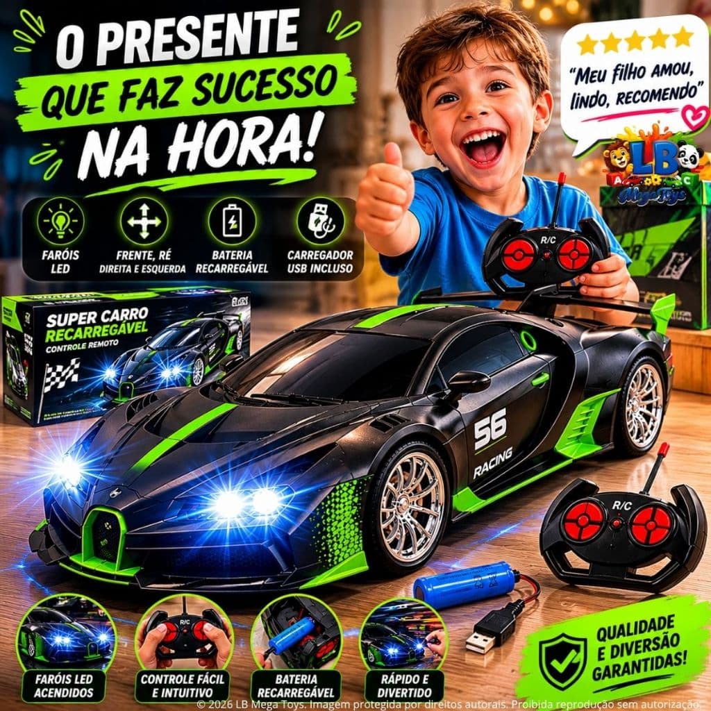 Carrinho De Controle Remoto Bateria Recarregável USB Esportivo Faróis de Led Pneu Borracha Brinquedo