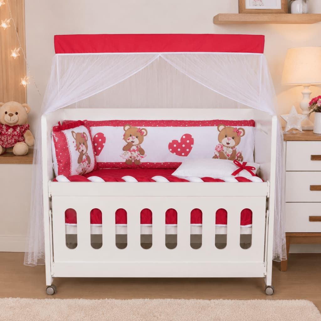 Kit Mini Berço Jujuba Vermelho Bebê Menina Completo 10 Peças com Mosquiteiro Trança Enxoval Completo