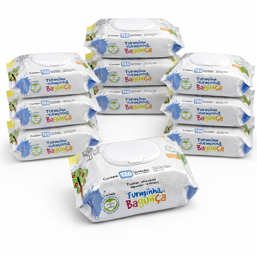 Kit 10 Pacotes Toalhas Umedecidas Turminha da Bagunça 120 Folhas 98% Água Lenço Umedecido