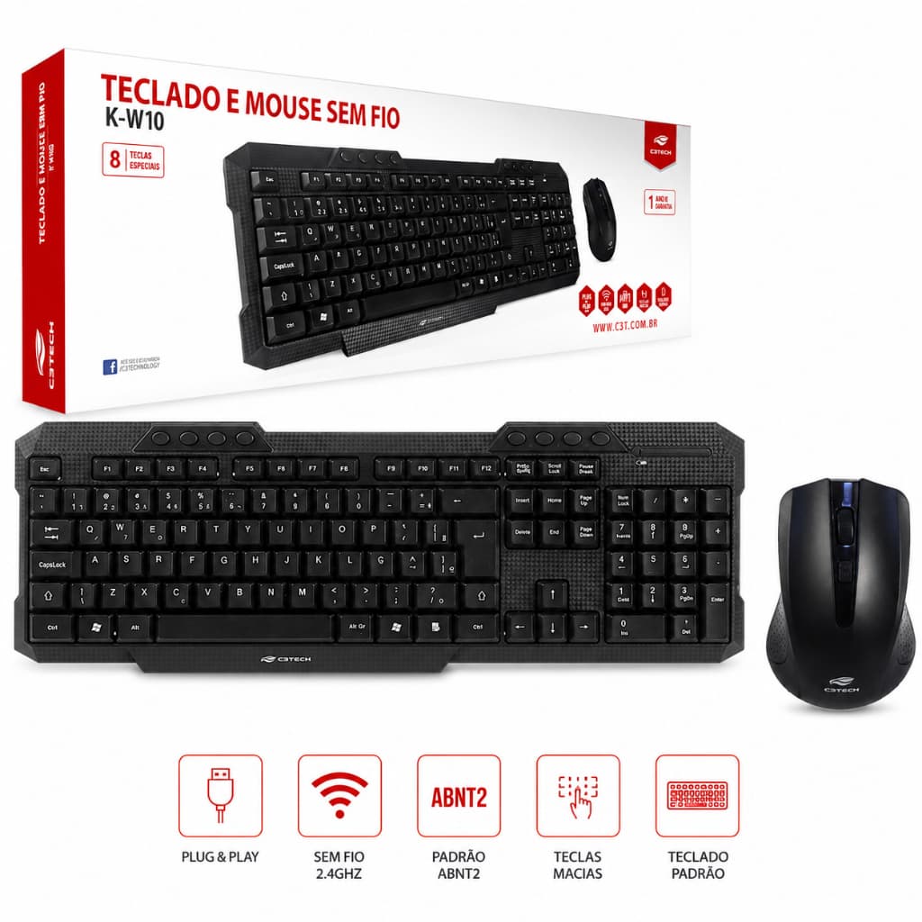 Kit Teclado + Mouse Sem Fio Teclas Funções Multimídia PTBR ABNT2 K-W10BK C3Tech