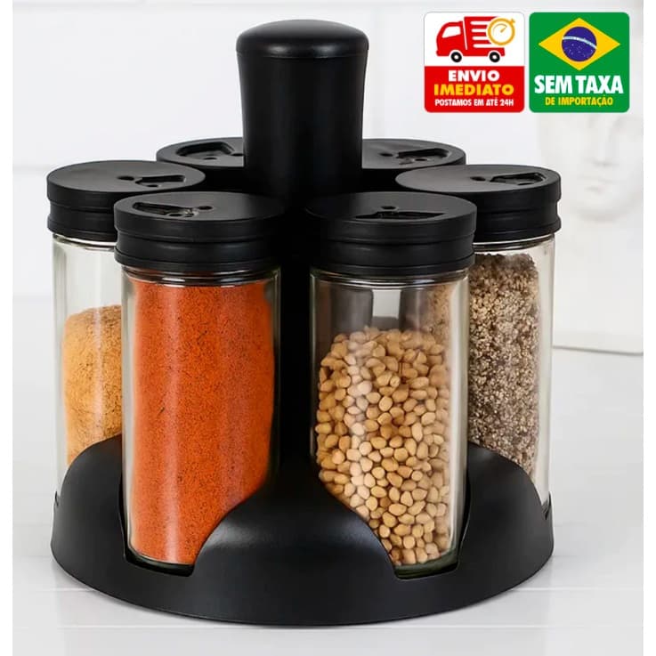Porta Temperos Profissional Giratório 6 Potes Vidro Tampa Dosadora Condimentos PROMOÇÃO LIMITADA