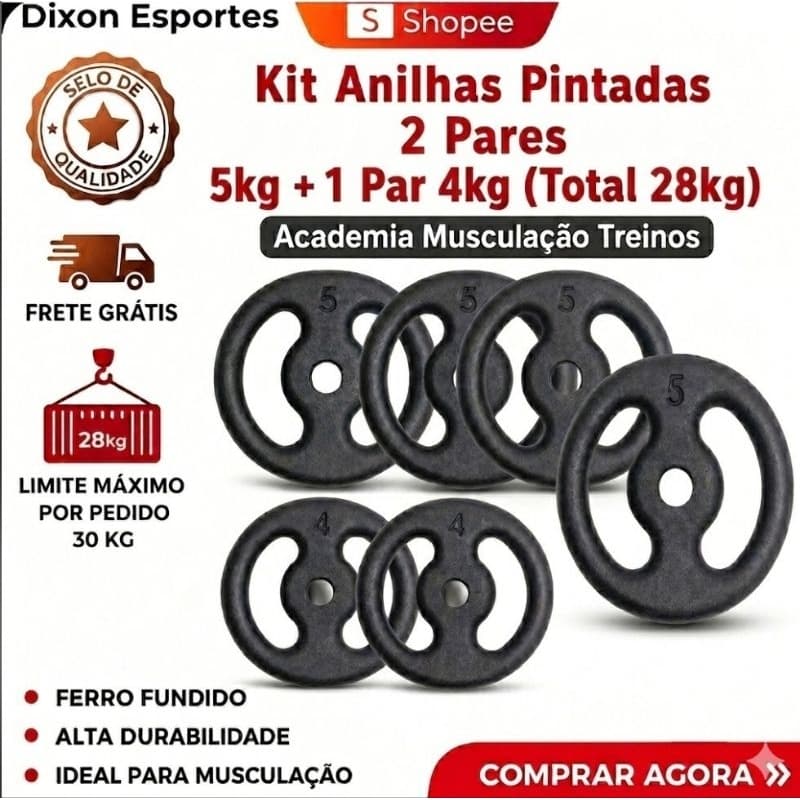 kit Anilhas 2 Pares 5kg+1 Par 4kg Pintadas(Total 28kg) Academia Musculação Treinos