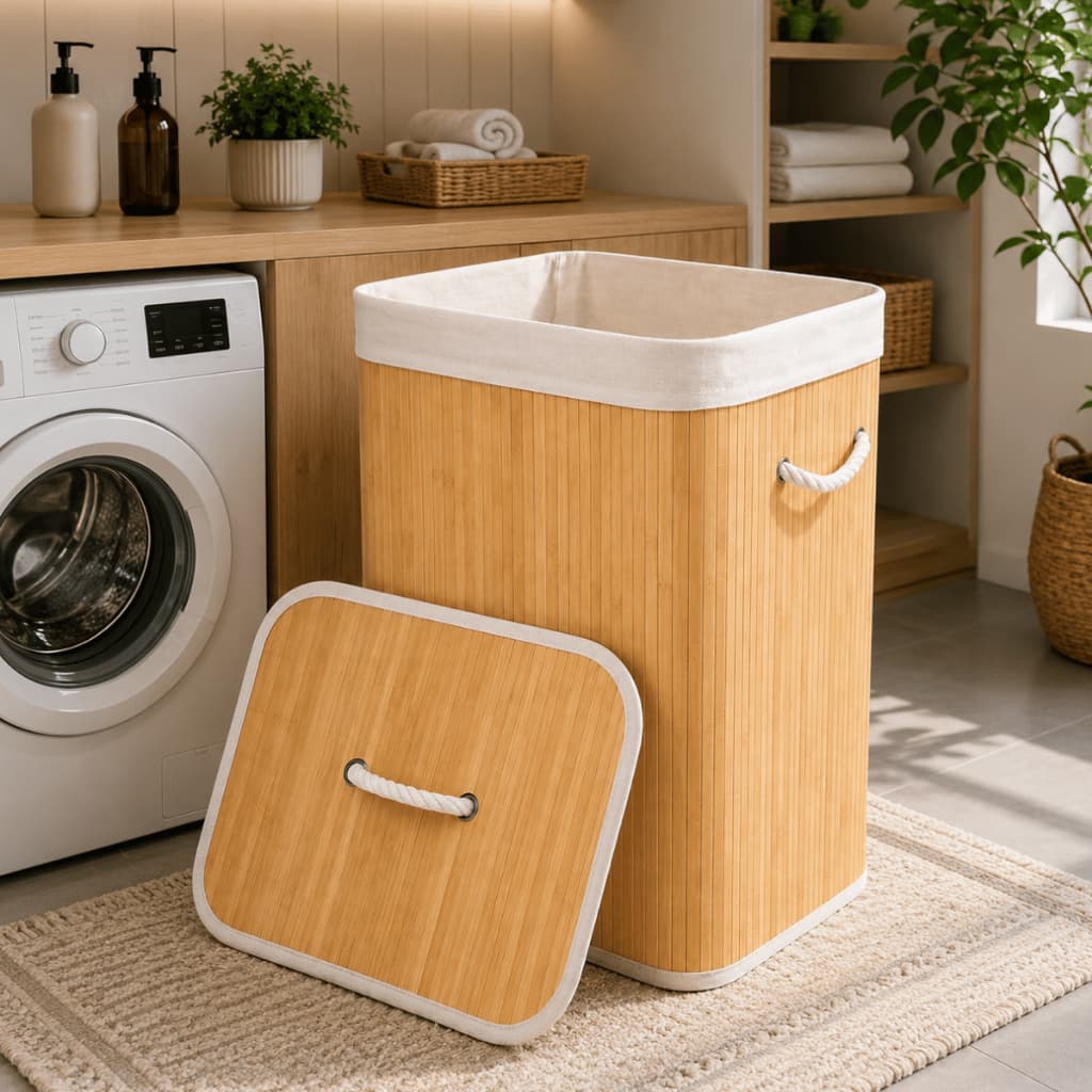 Cesto de Bambu com Alças e Tampa 70L Decorativo Roupa Suja Brinquedos Organizador Banheiro Closet