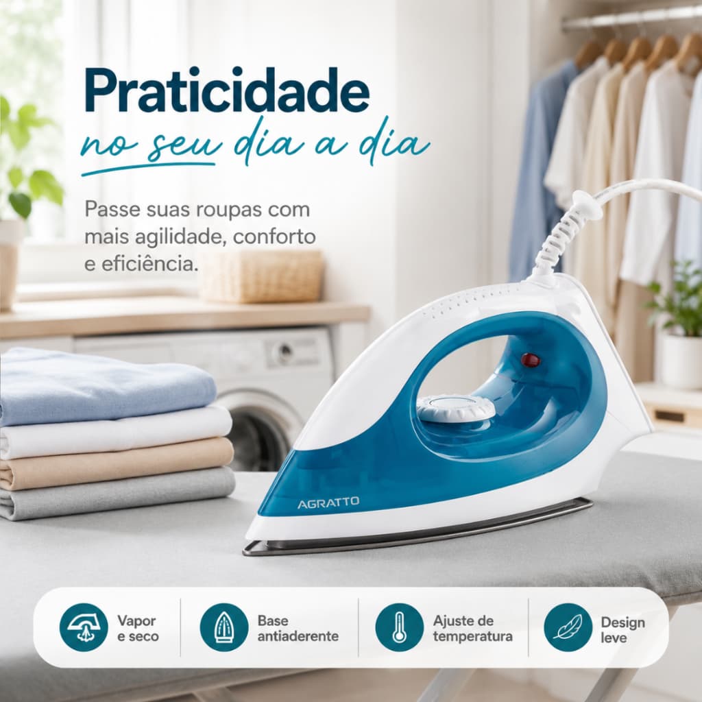 Ferro de Passar a Vapor Agratto Vapore FV‑01 127V/220V – Base Antiaderente, Luz Indicadora e  Botões