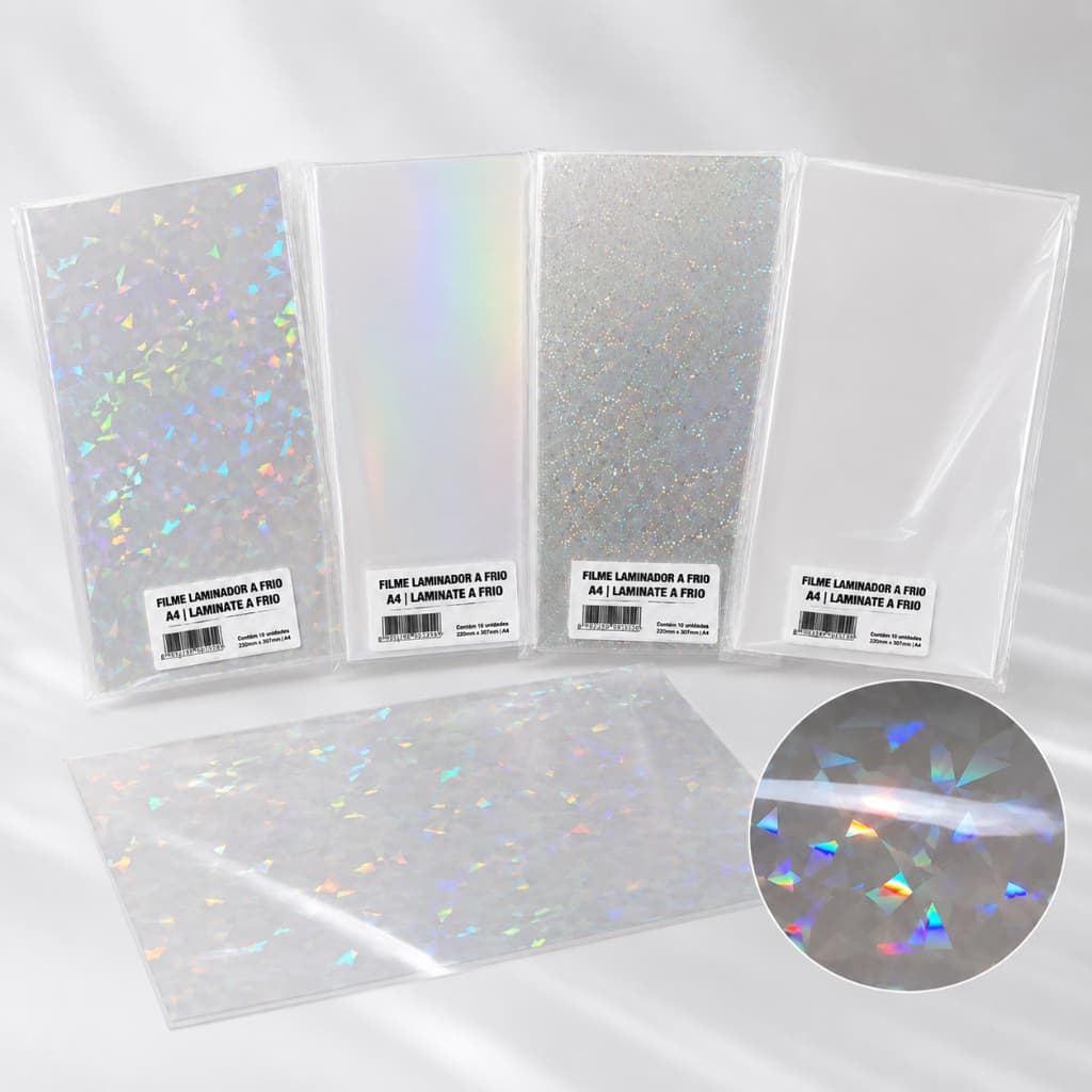 Filme Vinil Adesivo Para Laminação A Frio Holográfico Papel A4 10 a 40 Folhas Para Laminação
