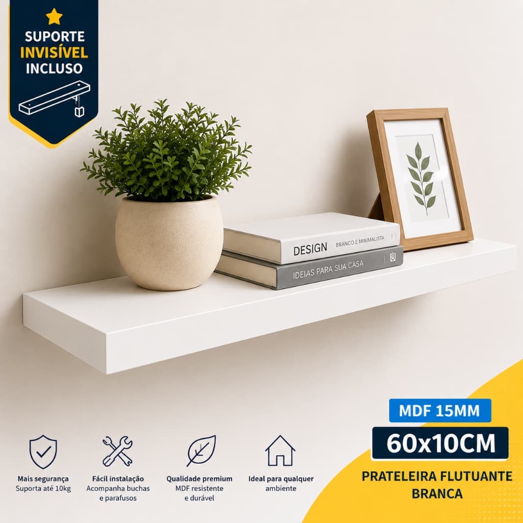 Prateleira Flutuante MDF 15mm Branca 60x10cm com Suporte Invisível para Parede Sala Quarto Cozinha