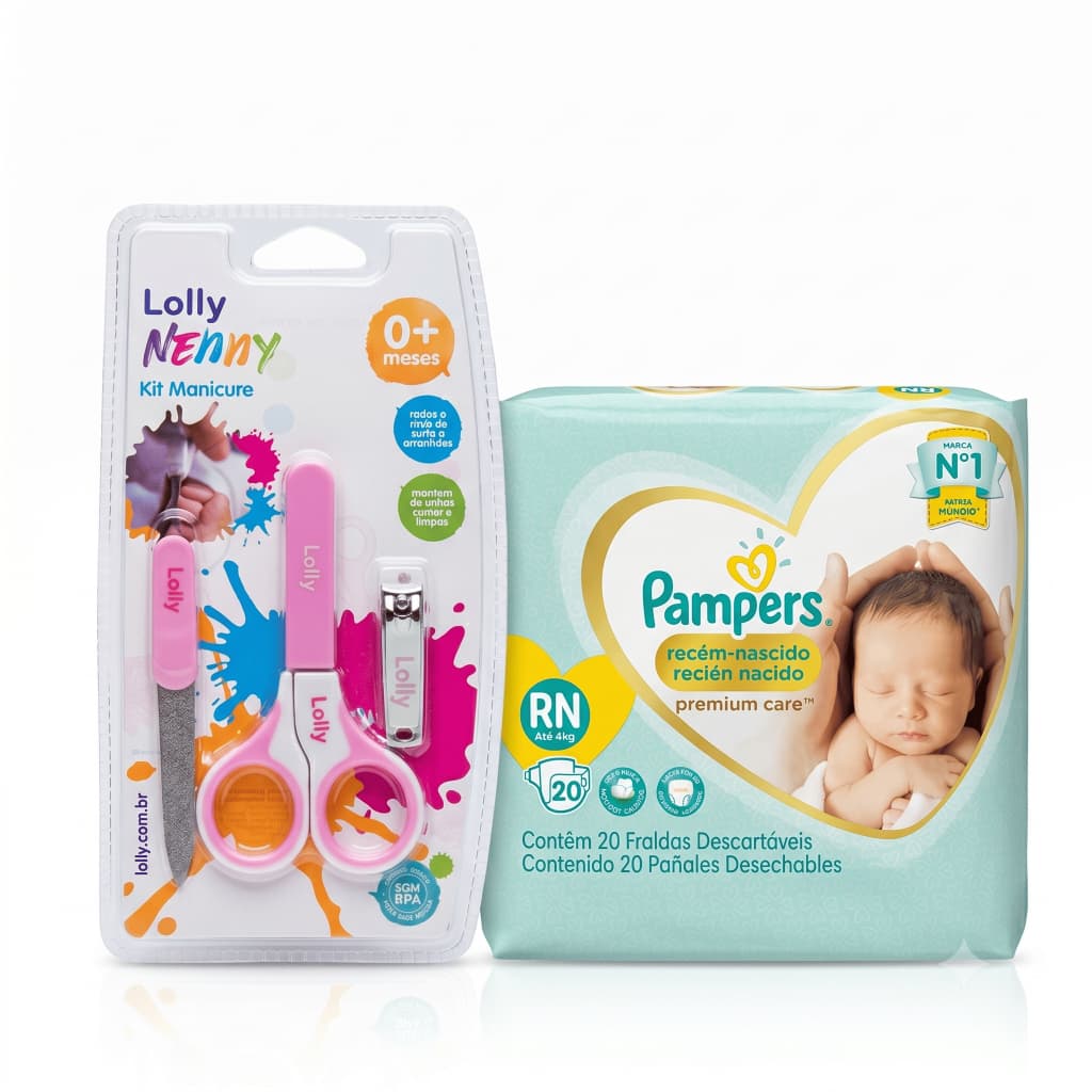 Kit Fralda Pampers RN + Kit Manicure Lolly Para Presente Chá de Fralda Enxoval