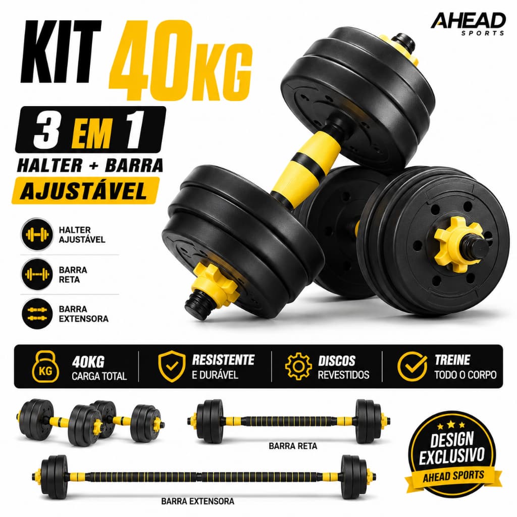 Kit Halteres 3 em 1 40kg Anilha Barra Musculação Academia Peso Ajustável Segurança e Durabilidade