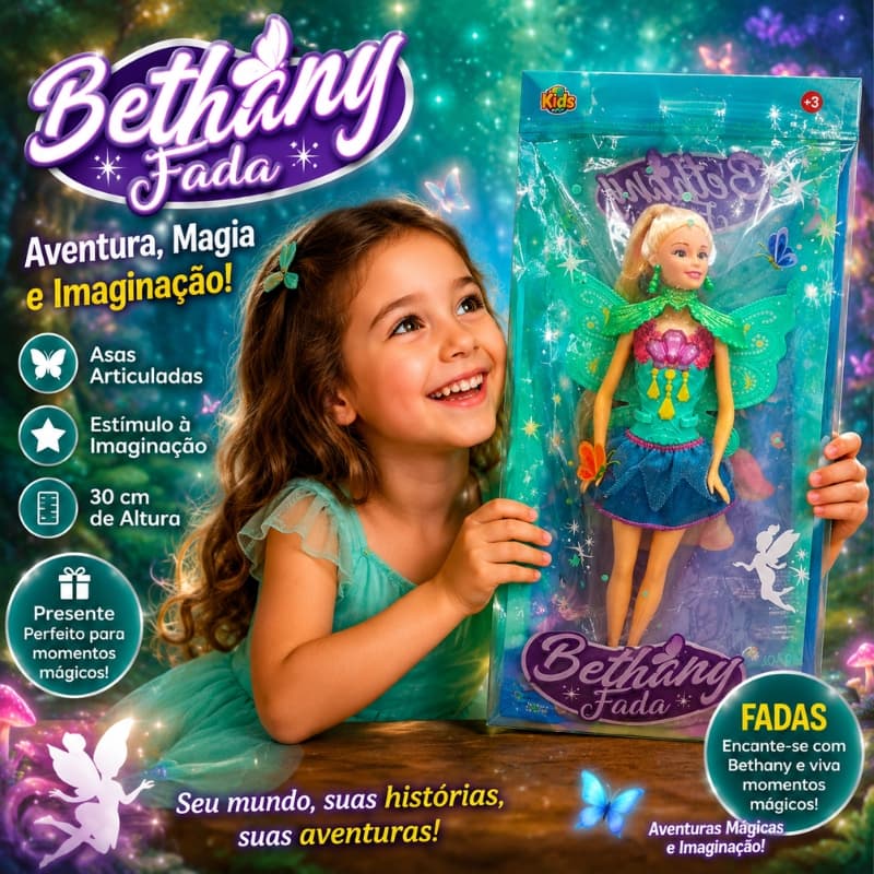 Brinquedo Boneca Bethany Fada com Asas Articuladas 30cm Aventuras Mágicas e Imaginação Fadas