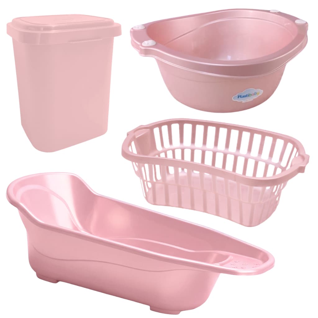 Kit Banho Bebê Plastibaby 4 Peças Azul Rosa Lilás Menino Menina Banheira Lixeira Saboneteira