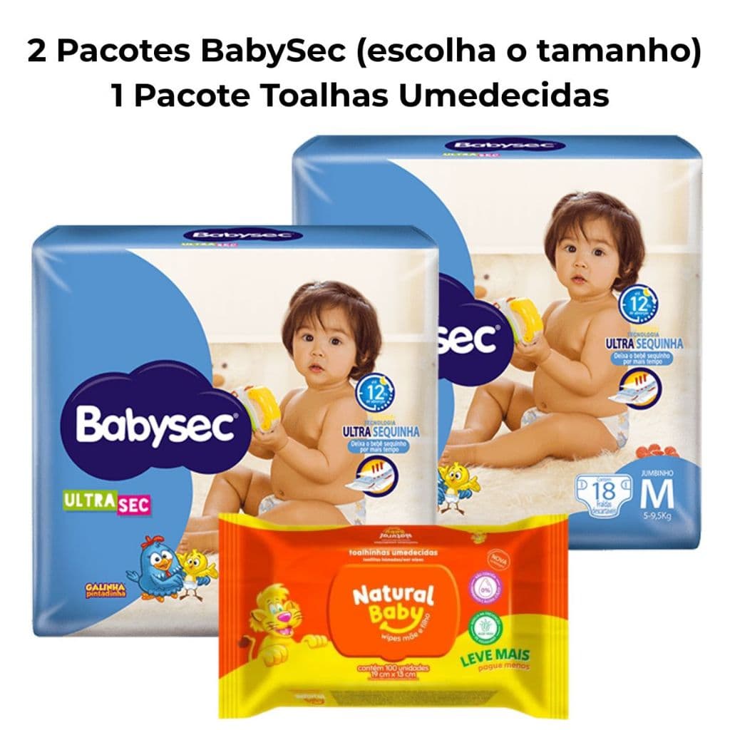 Kit 2 Pacotes Fraldas BabySec Jumbinho + 100 Lenços Umedecidos Natural Bebê