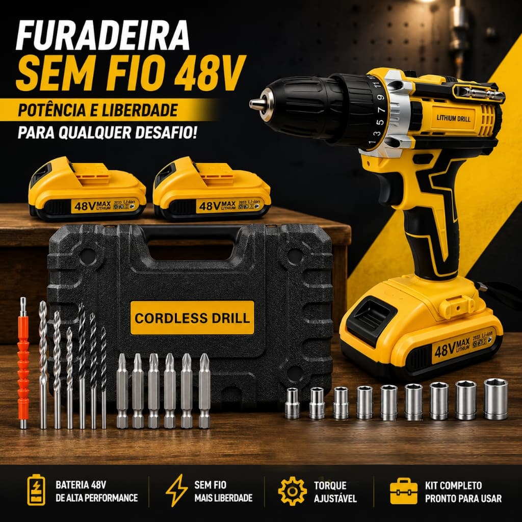 Parafusadeira Furadeira Sem Fio 48V Íon de Lítio Kit Completo | 2 Baterias Longa Duração