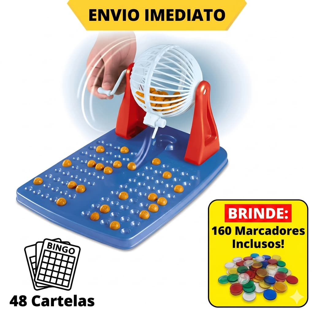 Jogo de Bingo Infantil Completo Globo Roleta 48 Cartelas 90 Numeros 160 Marcadores Brinquedo Familia