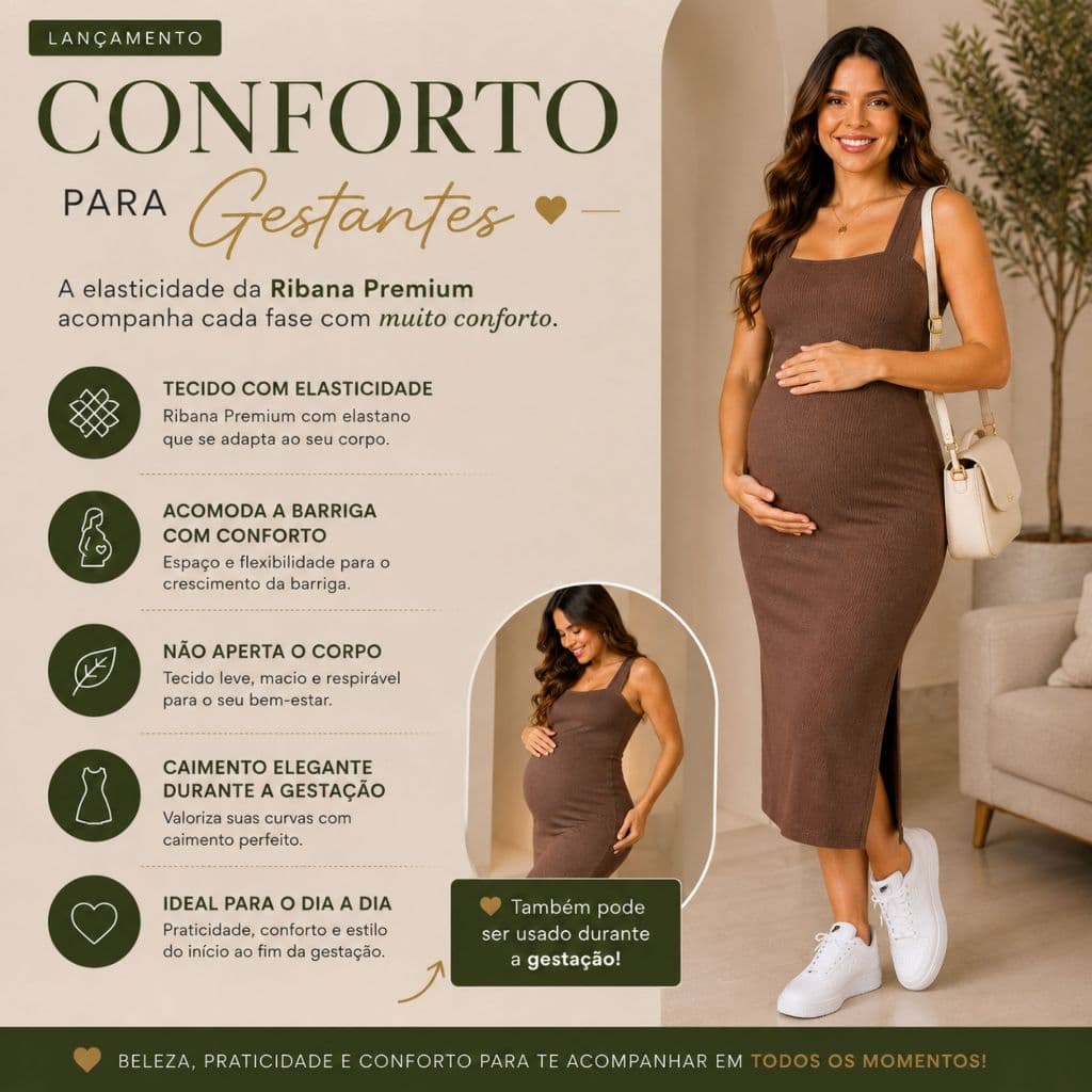 Vestido Midi Feminino para Gestante Decote Coração com Bolso e Fendas Laterais Moda Verão 2026