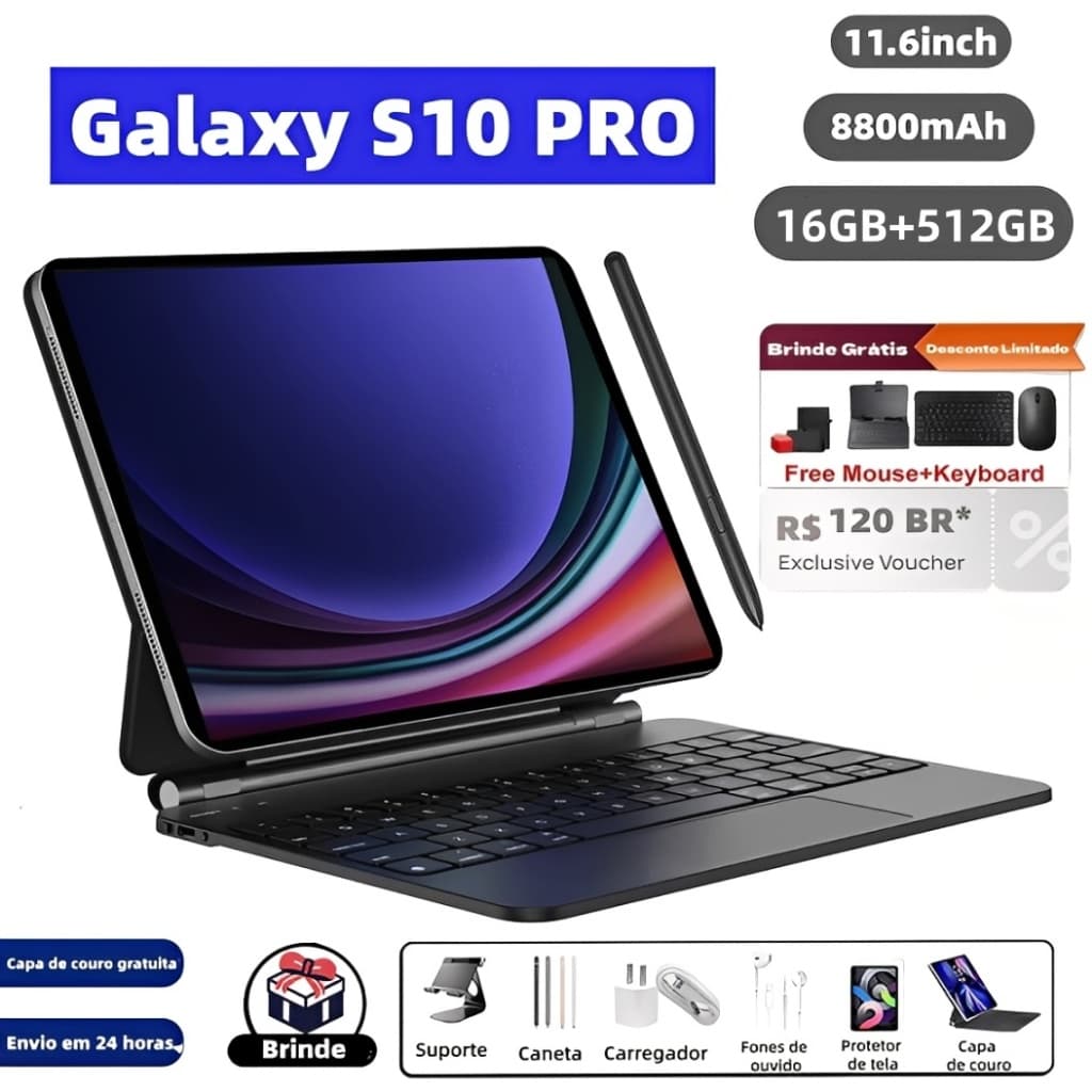 【Teclado e mouse gratuitos】Tablet Galaxy S10 Pro de 11,6 polegadas, 16 GB + 512 GB, bateria de 8.800 mAh, 5G, Android 15