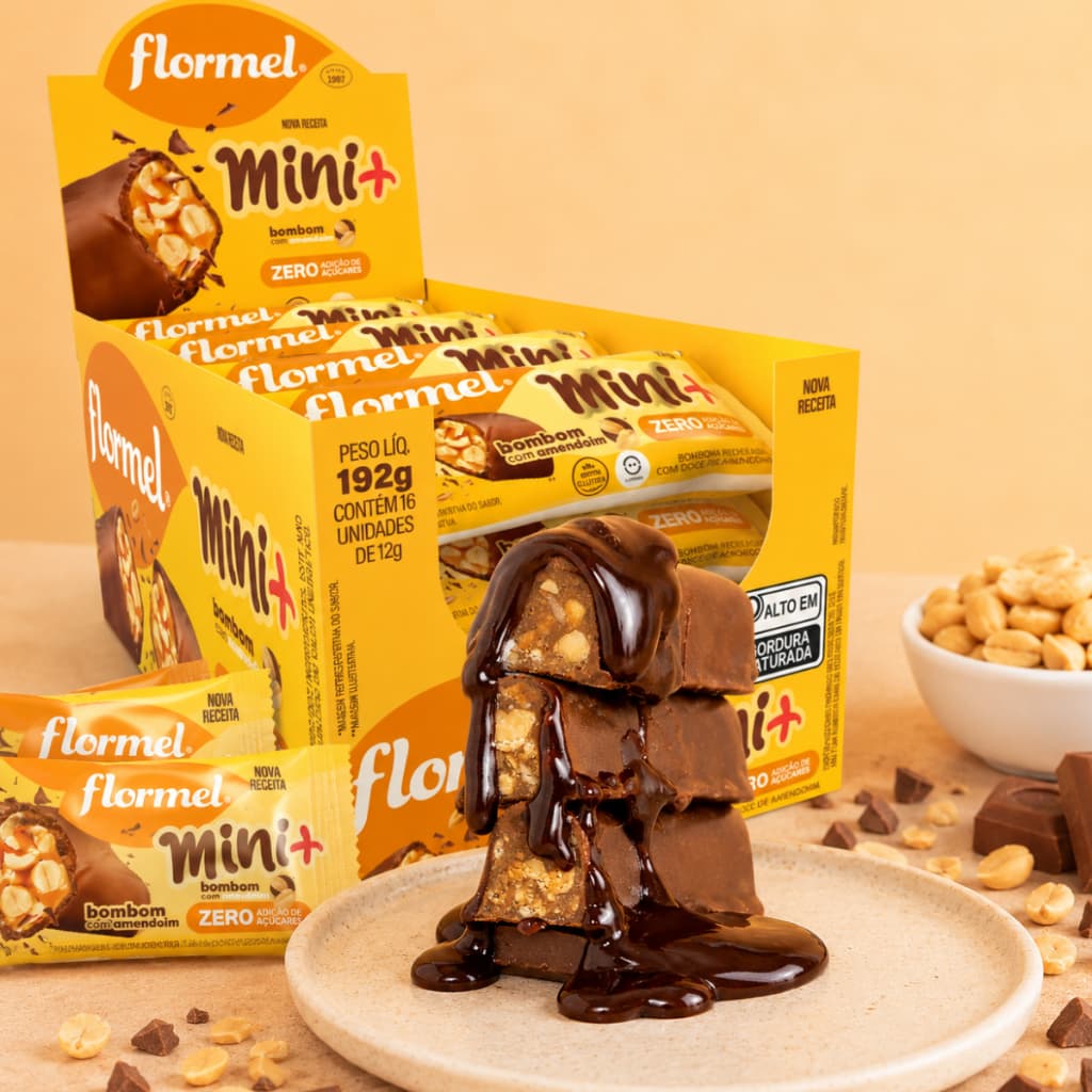Caixa 16 unid Bombom Chocolate Zero Açúcar Sem Gluten Amendoim Mini Flormel 12g Doce Saudável Fit