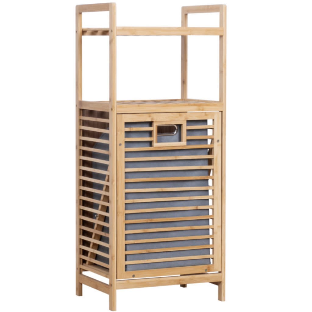 Cesto de Roupa Suja em Bambu com Prateleira Organizadora Banheiro Lavanderia 40x30x95cm Design