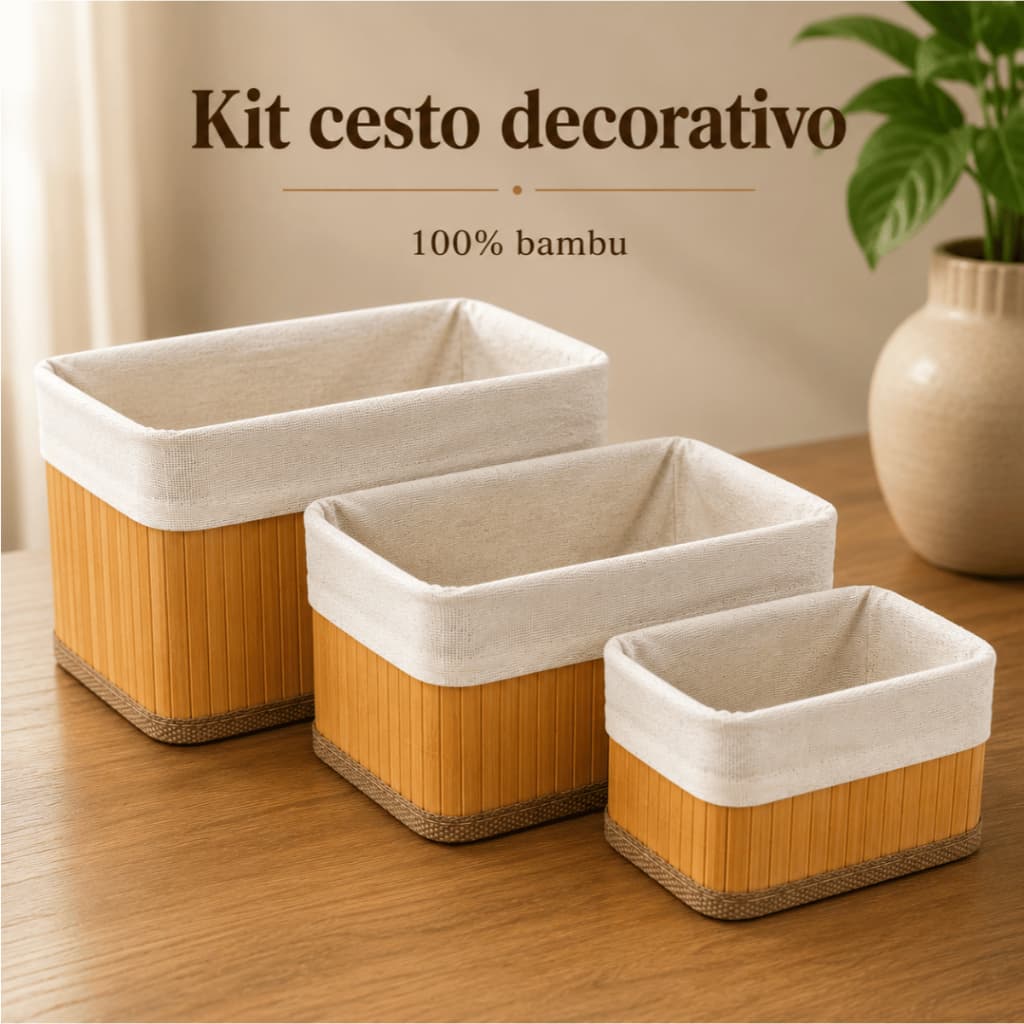 Kit 3 Cestos Organizadores de Bambu Multiuso com Forro Objetos Quarto Bnaheiro