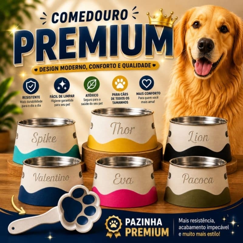 Comedouro Elevado Personalizado para Cachorro e Gato com Tigela Inox + Pazinha para Ração | Nome do Pet