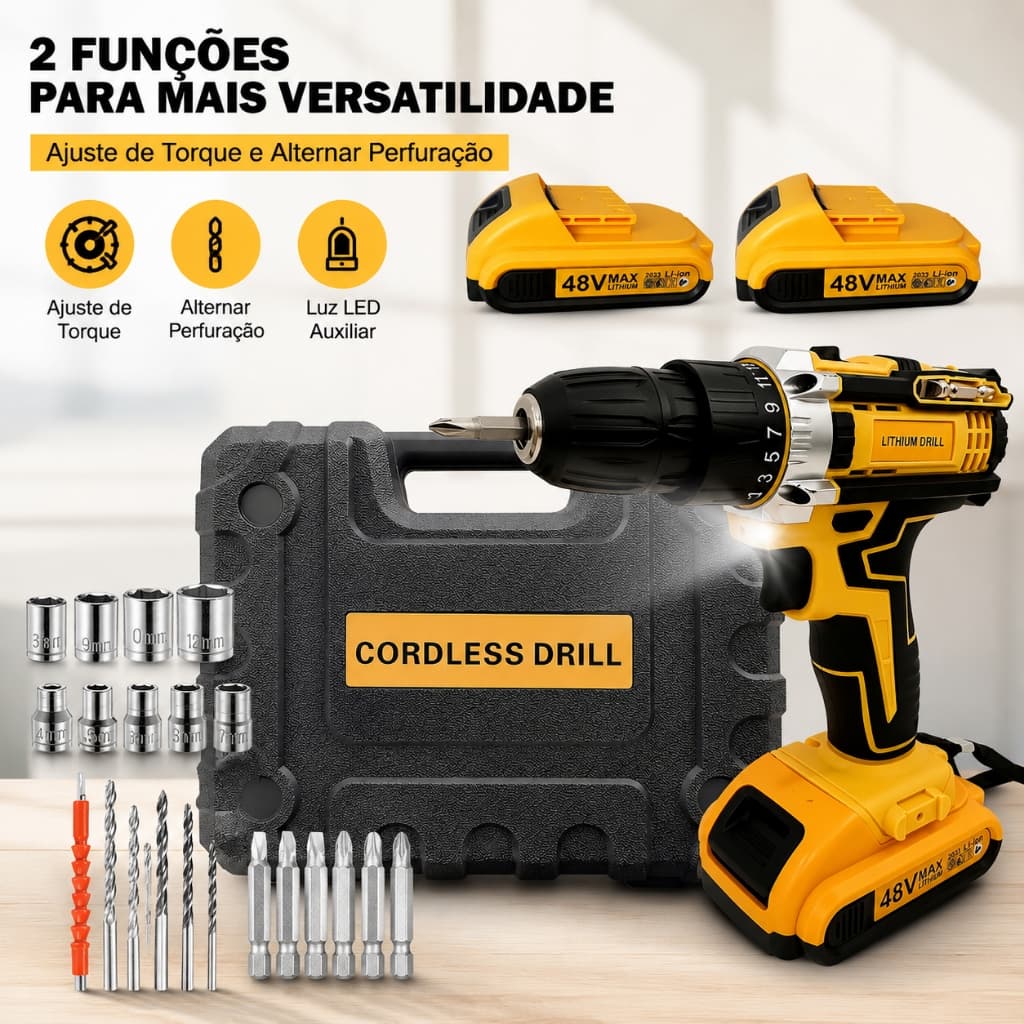 Parafusadeira Furadeira Sem Fio 48V | Caixa com Baterias Duplas | Modo Duplo: Aparafusar e Furar