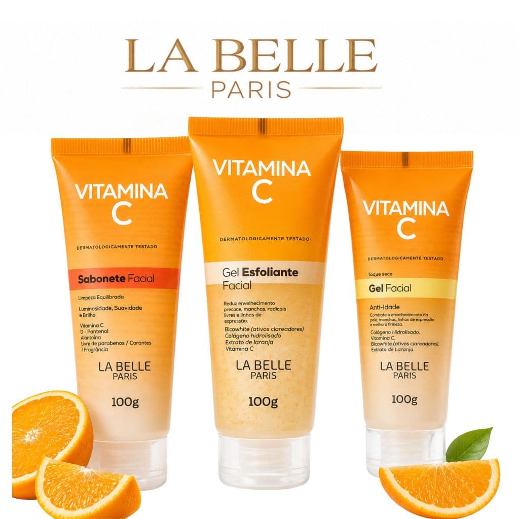 Kit Skincare Vitamina C Clareador Anti-idade Sabonete Esfoliante Gel Creme La Belle Paris Original 3un 100g