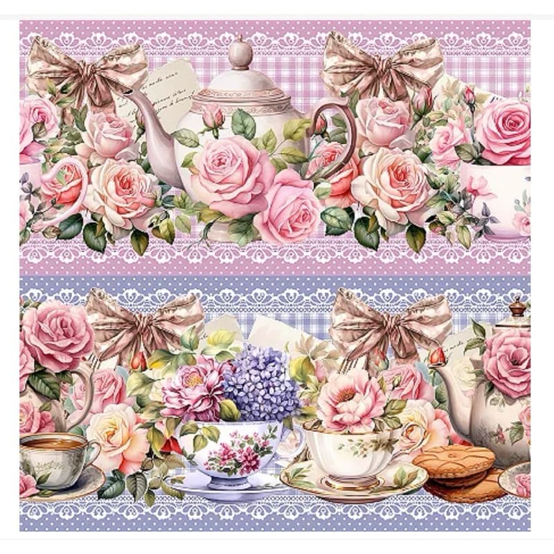 Tecido Tricoline Barrado Digital Flores Cha Romântico– Pano de Prato, Patchwork, Costura Criativa 100% Alg 55cm x 1,50m