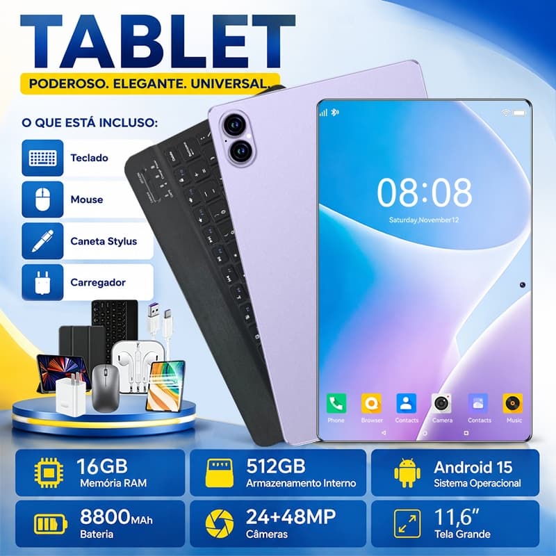 Tablet X PAD 20 com Teclado e Mouse Grátis | 16GB RAM 512GB | Tela HD 11.6" | Android 15 | 5G