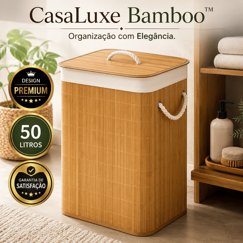 Cesto de Roupa 50L com Tampa Bambu Dobrável Organizador Lavanderia Banheiro Quarto CasaLuxe Bamboo