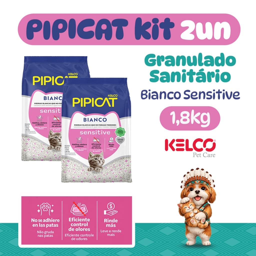 Kit 02un Areia Sanitária Gato Pipicat Sensitive Pacote 1,8kg Controle Odores Granulado Natural