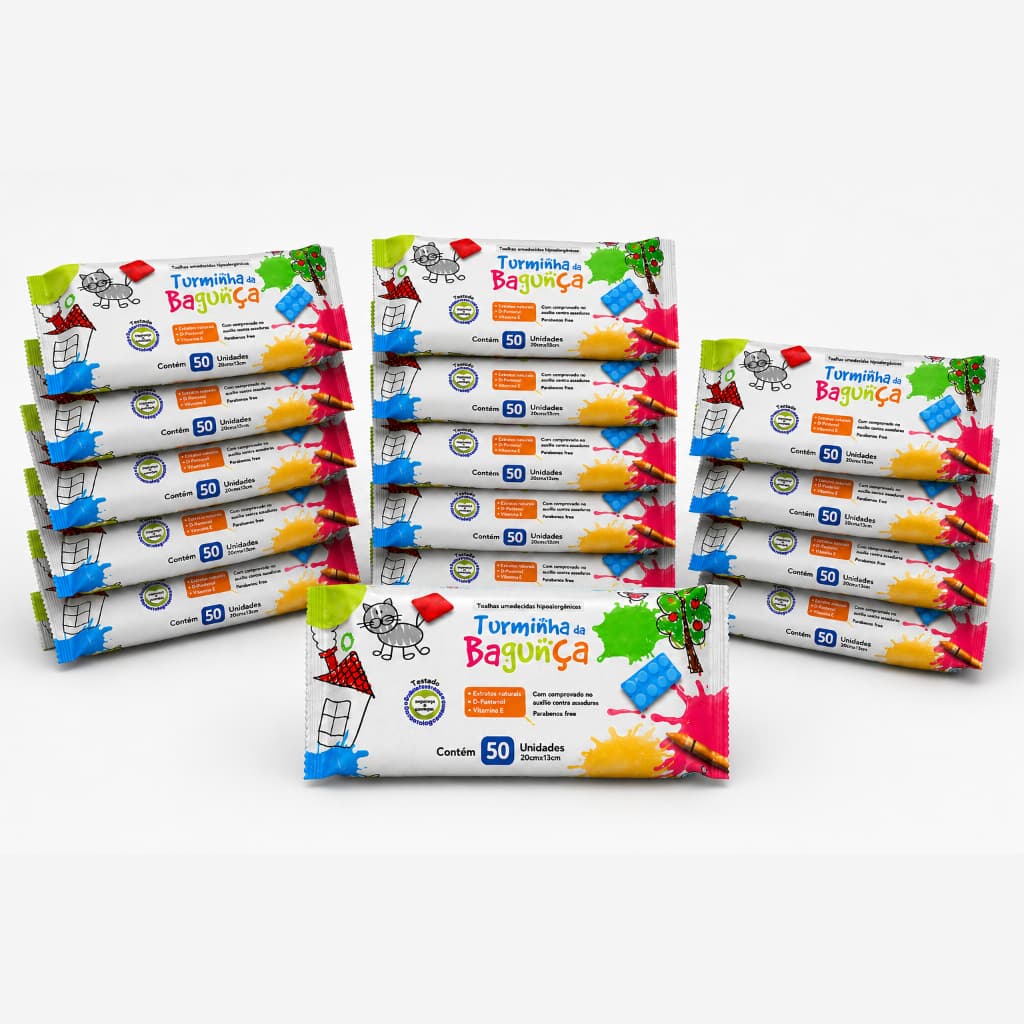 Kit 15 Pacotes Toalhas umedecidas para bebê Turminha da Bagunça 50 Folhas | Kit lenço umedecido bebê