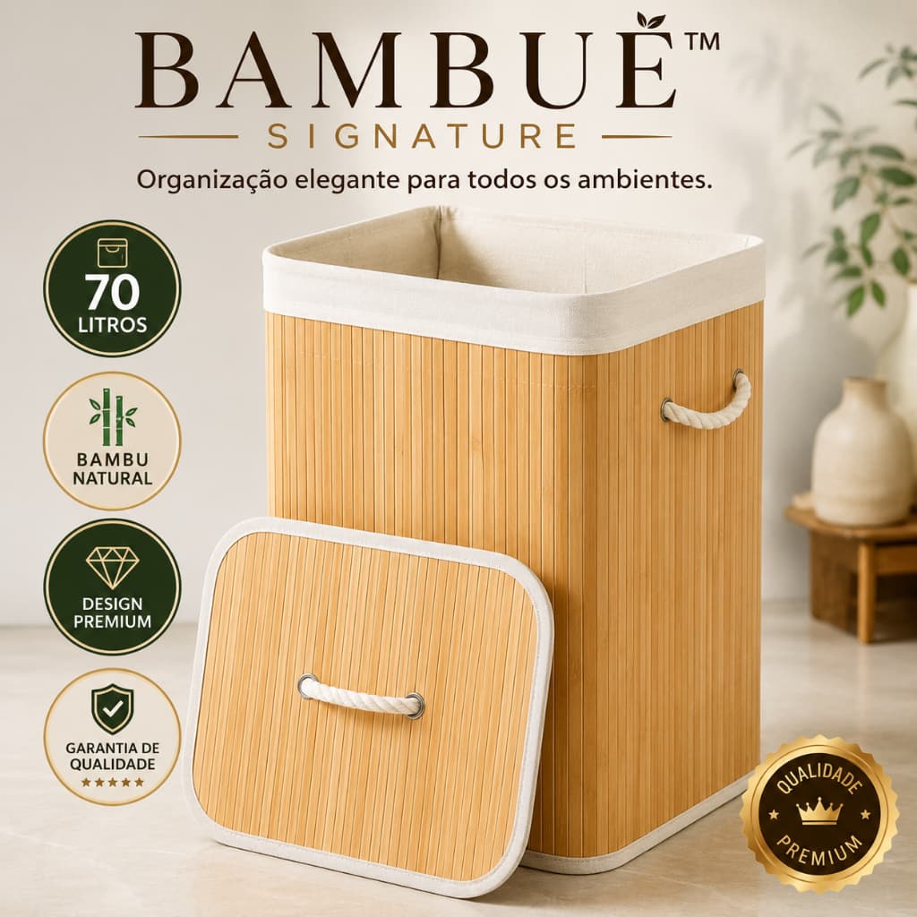 Cesto Organizador de Bambu 70L com Tampa e Alças | Cesto de Roupa Dobrável Resistente para Lavanderia Quarto Banheiro