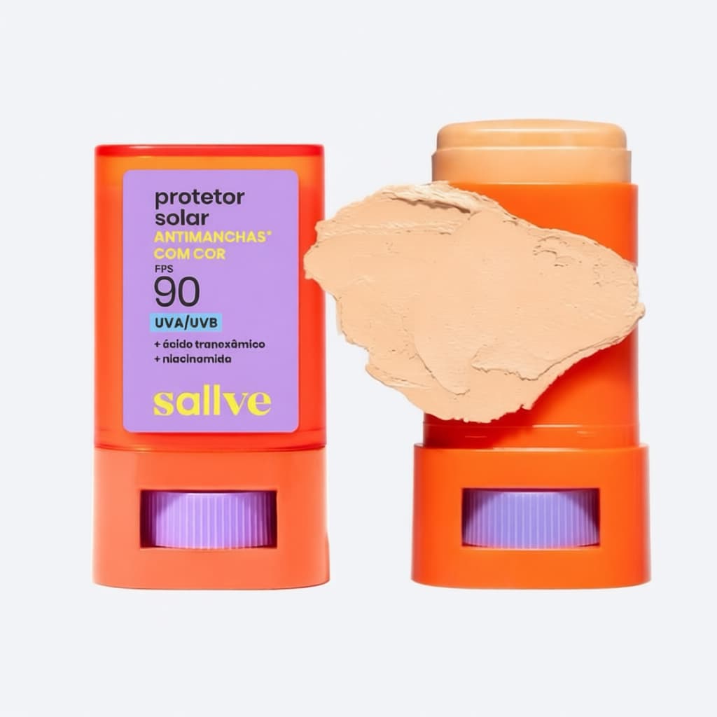 Protetor Solar Facial Bastão Sallve FPS90 com Cor - Antimanchas, Resistente à Água, Cobertura Média