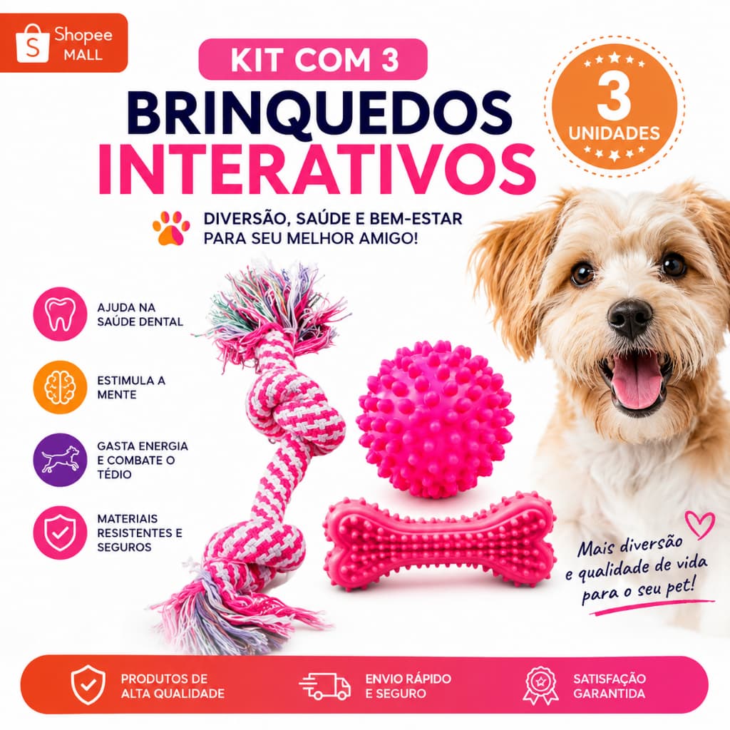 Brinquedos para Cachorro Kit 3 ITENS Completo | Corda de Algodão Resistente + Bola + Mordedor Texturizado | Cães Peq