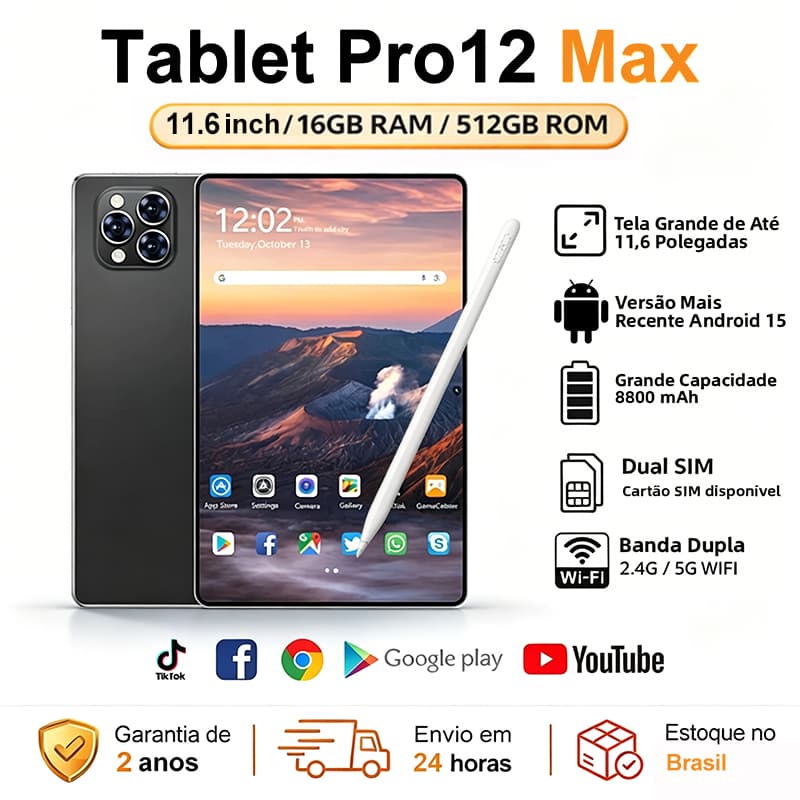 Tablet Pro12 Max 12GB+512GB | Android 15 | Tela 11.6" FHD | Bateria 8800mAh MTK6799