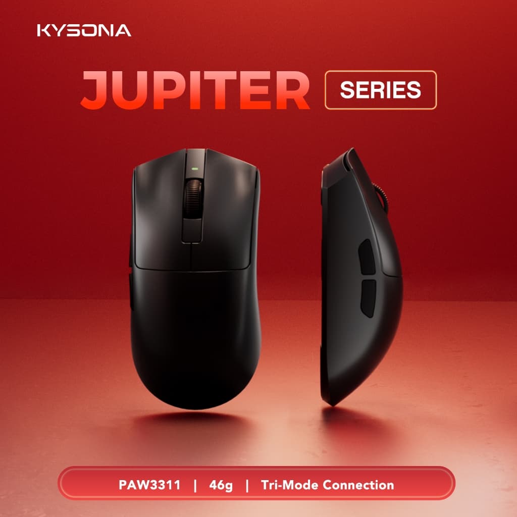 Mouse Gamer Ultraleve KYSONA Jupiter SE 46g Sensor PAW3311 24000DPI Tri-Modo 1000Hz Bateria 300mAh Sem Fio Recarregável