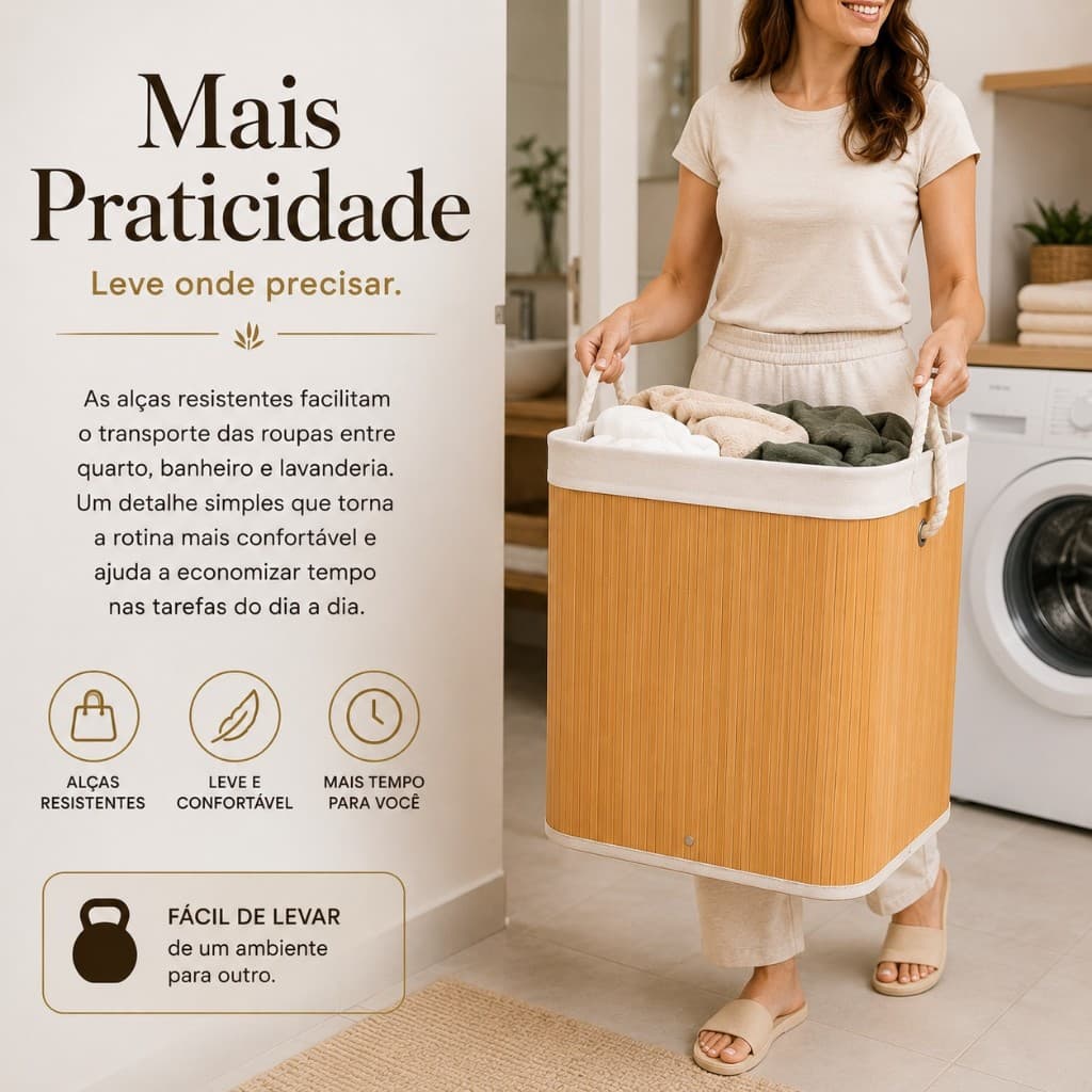 Cesto de Roupa Suja 70L Bambu com Tampa e Alças Organizador Lavanderia Quarto Banheiro Dobrável